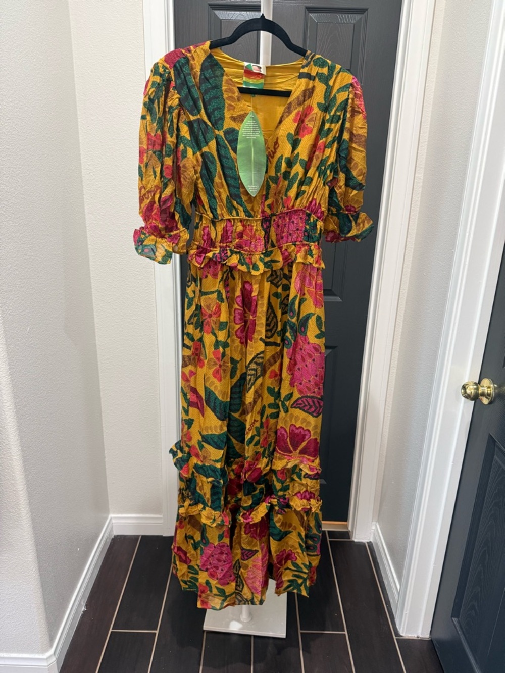 FARM Rio Mustard Floral Tiered Maxi Dress with Pink & Green Motif - Picture 2 of 7